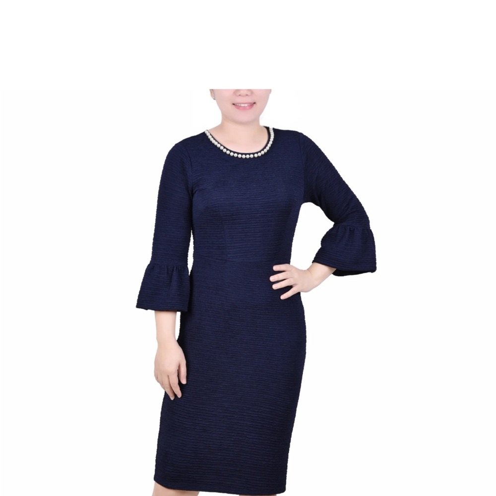 NWT- NY collection- 3/4 length bell sleeve navy dress with pearl neckline